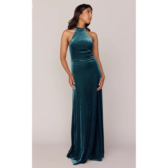 Revelry Tori Velvet Halter Maxi Long Dress Desert Blue Size 6 Bridesmaid Prom - Picture 1 of 12